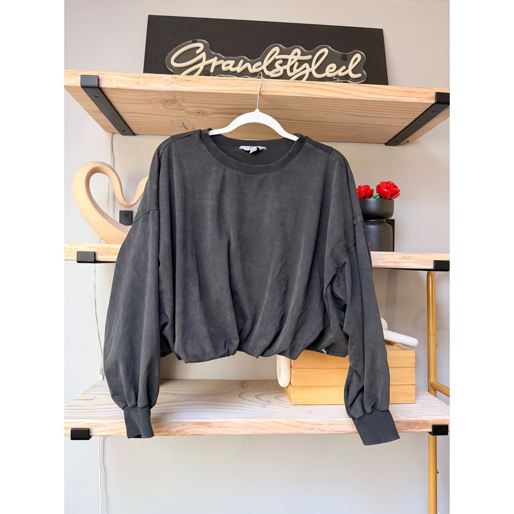 JoyLab Charcoal Grey Cropped Balloon Sleeve Sweatshirt Pullover Size L - Picture 2 of 6